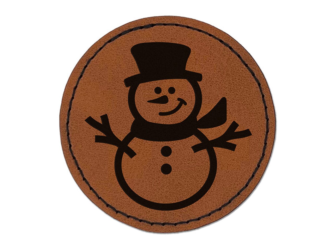 Smiling Snowman Winter Christmas Round Iron-On Engraved Faux Leather Patch Applique - 2.5 inches